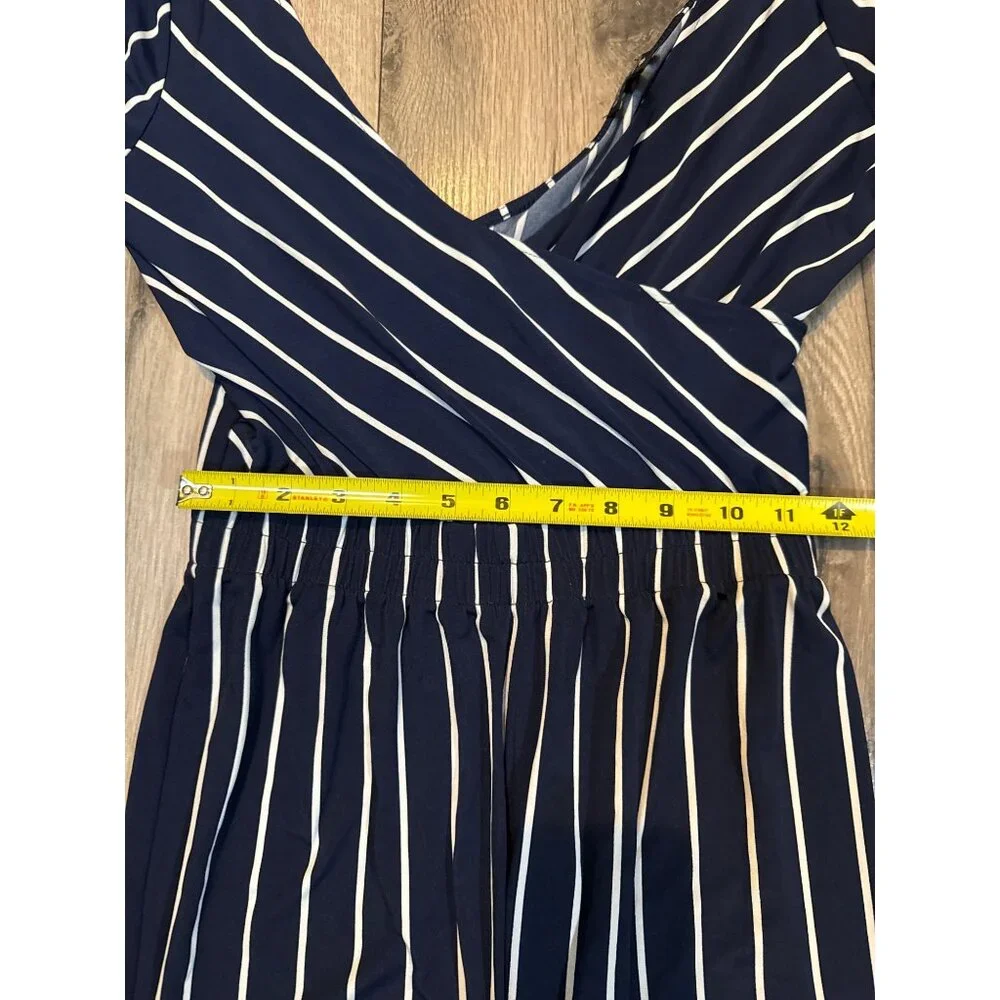 Navy & White Striped Jumpsuit Express XS Short Sleeves V-Neck & Elastic Waist - Picture 10 of 10